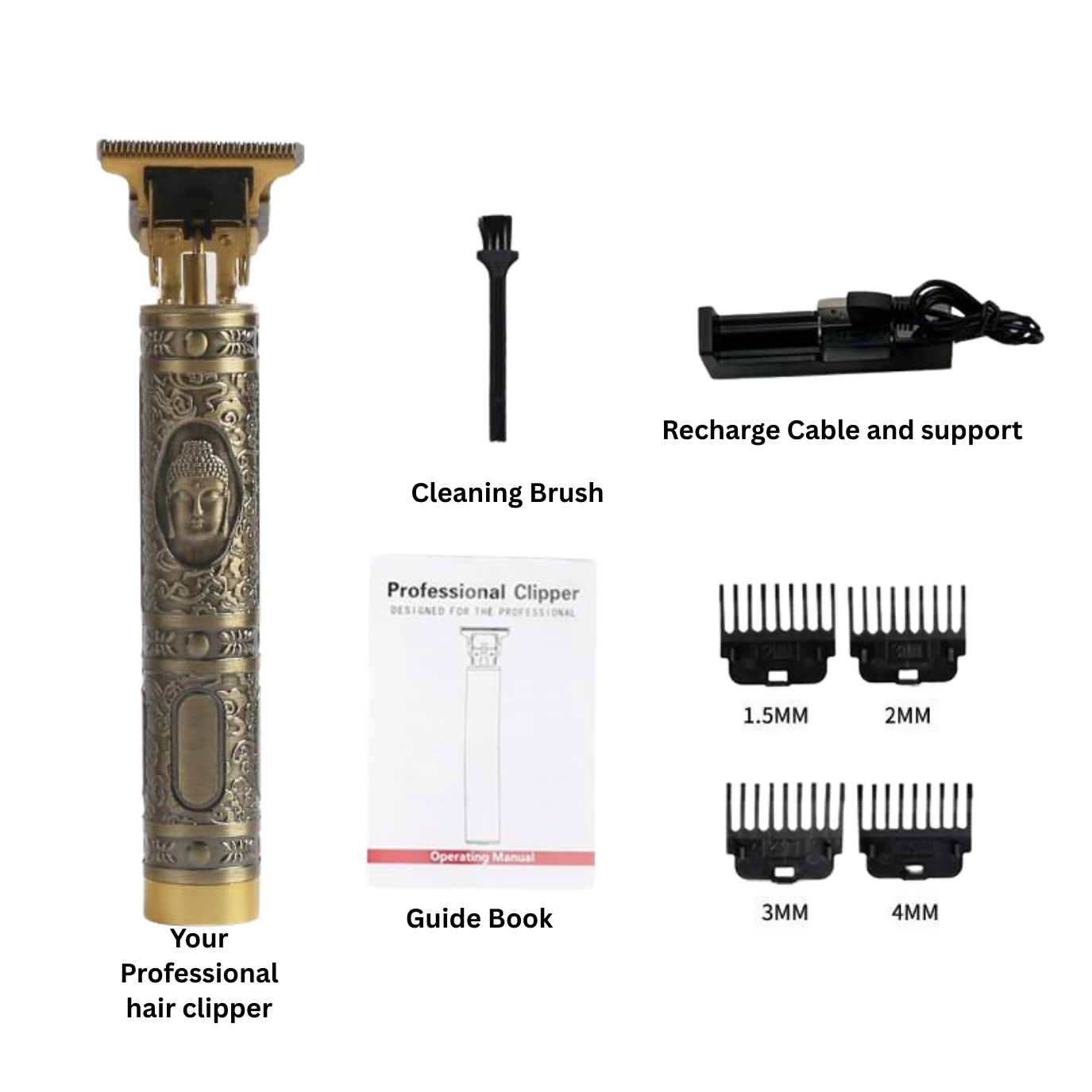 1 × FFOrder Buddha Head Hair Clipper
4 × Guide Combs
1 × Cleaning Brush
1 × USB Charging Cable
1 × User Manual